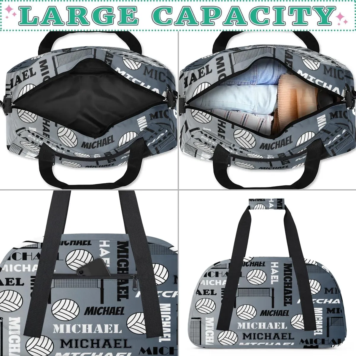 Custom Volleyball Gym Bag Duffel Bag for Women Men, Personalized Name Sport Bag Overnight Bags Customized Travel Weekender Bag, Black Grey