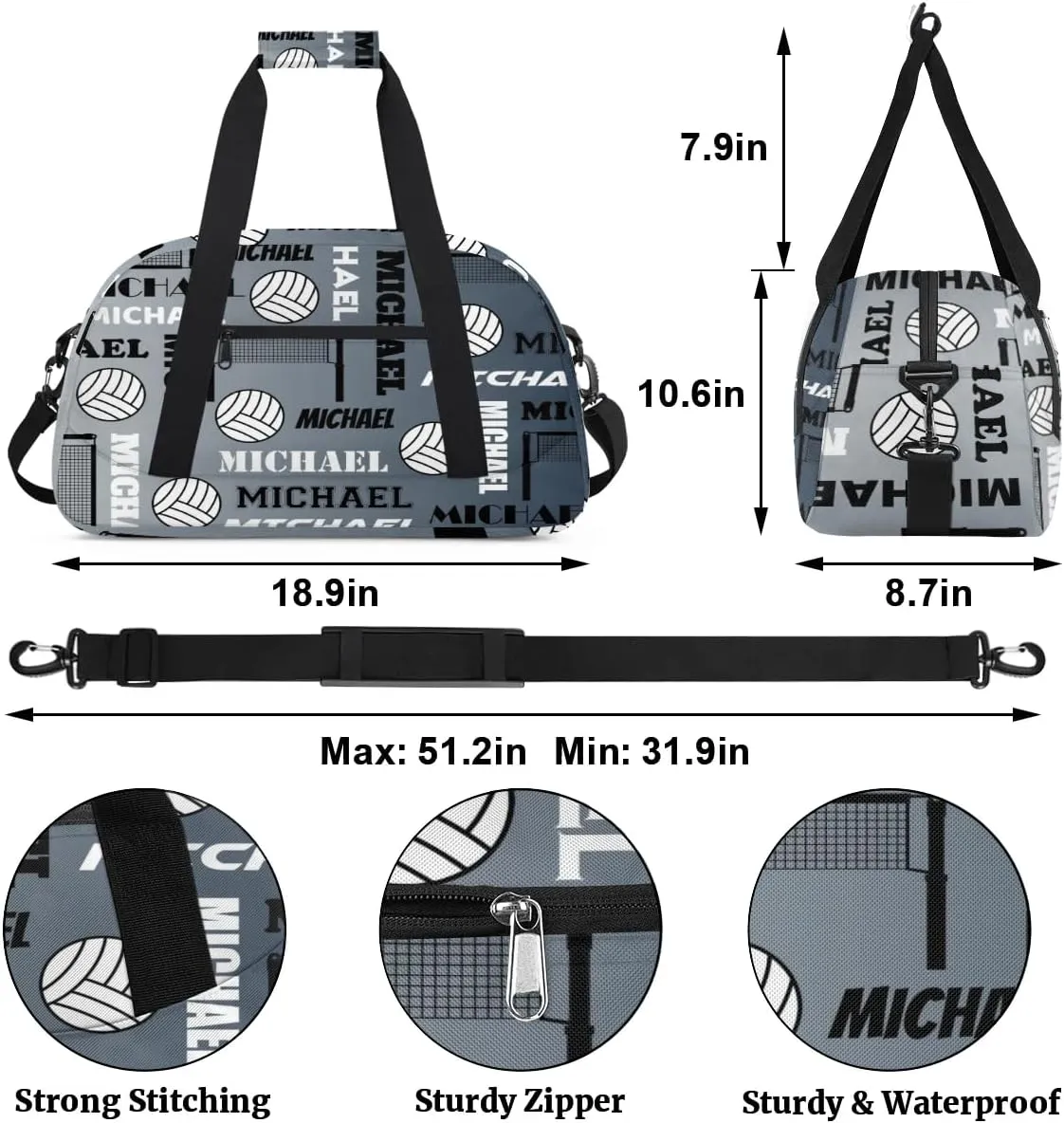 Custom Volleyball Gym Bag Duffel Bag for Women Men, Personalized Name Sport Bag Overnight Bags Customized Travel Weekender Bag, Black Grey