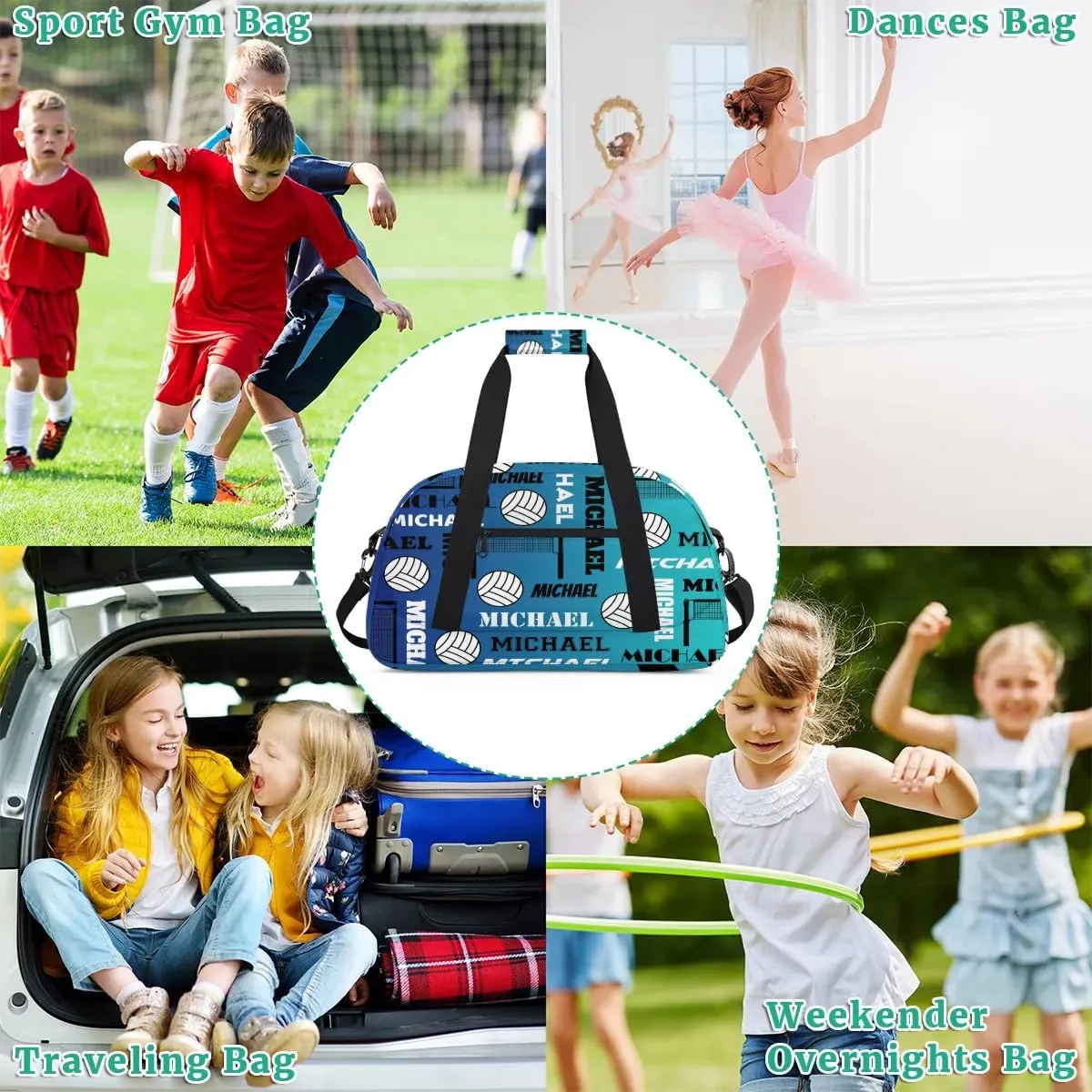 Custom Volleyball Gym Bag Duffel Bag for Women Men, Personalized Name Sport Bag Overnight Bags Customized Travel Weekender Bag, Blue