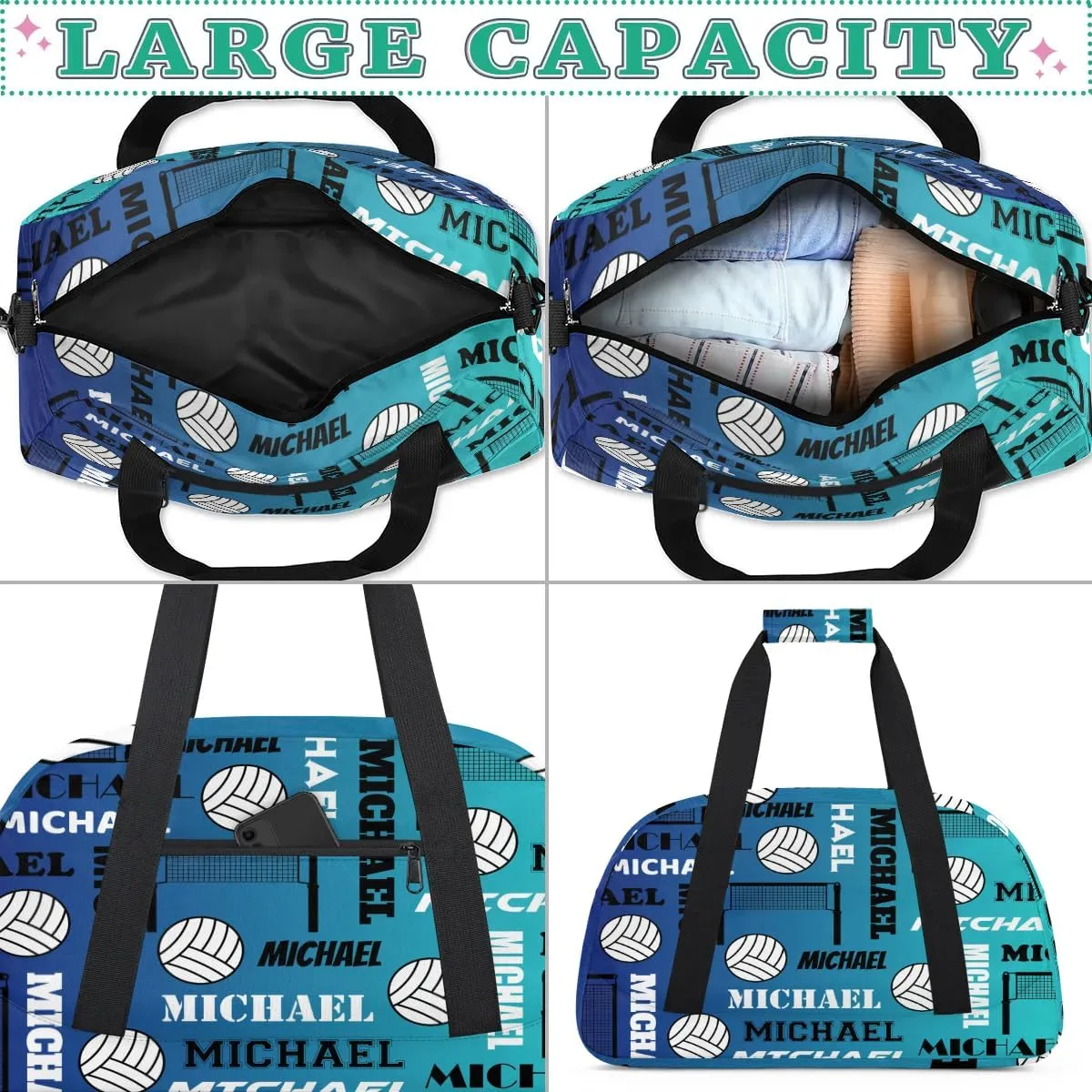 Custom Volleyball Gym Bag Duffel Bag for Women Men, Personalized Name Sport Bag Overnight Bags Customized Travel Weekender Bag, Blue
