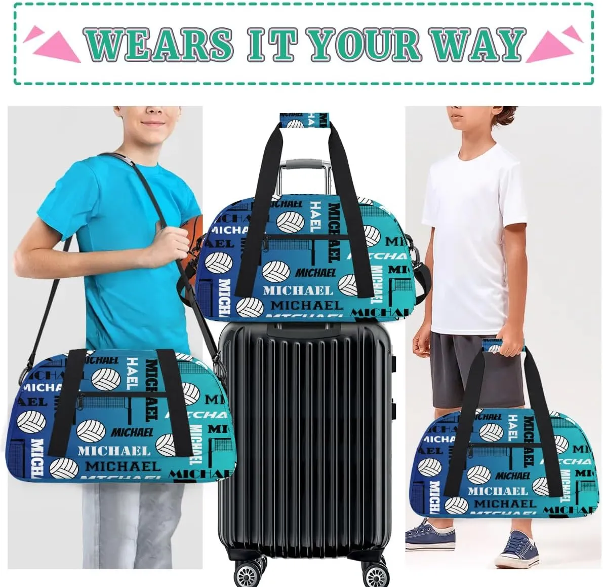 Custom Volleyball Gym Bag Duffel Bag for Women Men, Personalized Name Sport Bag Overnight Bags Customized Travel Weekender Bag, Blue