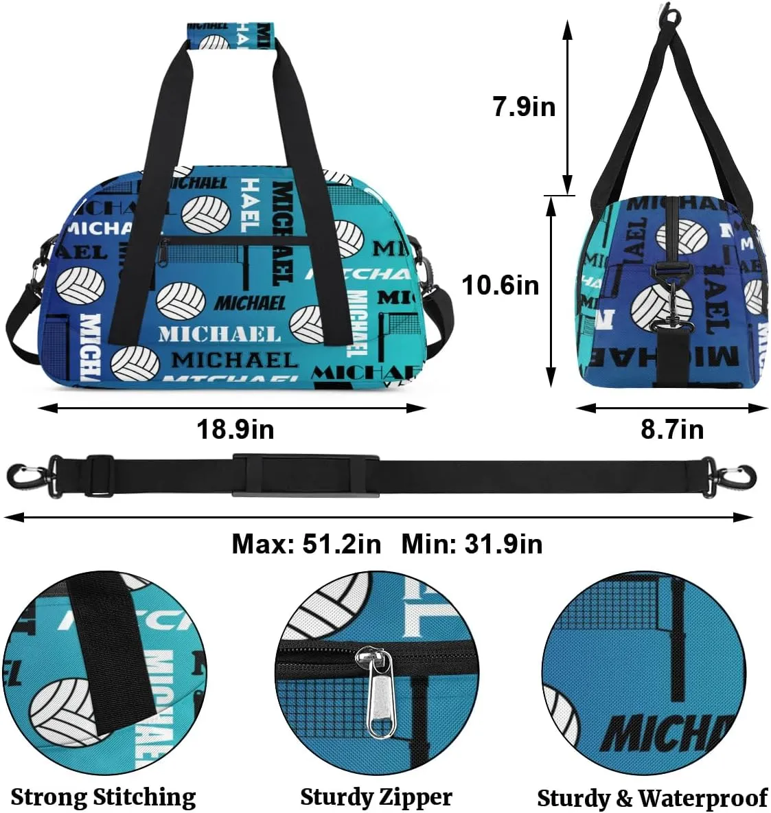 Custom Volleyball Gym Bag Duffel Bag for Women Men, Personalized Name Sport Bag Overnight Bags Customized Travel Weekender Bag, Blue