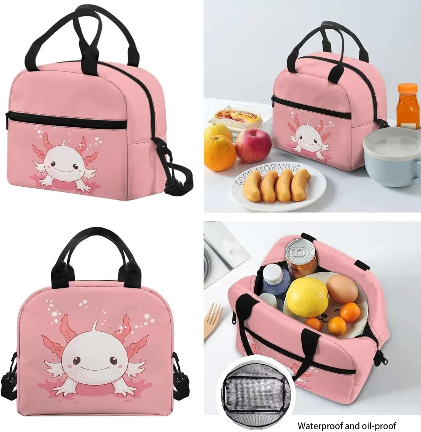 Cute Axolotl Backpack and Lunch Bag Set for Girls School Bags Boys Book Bags for Kids 8-12 Year Old,Children Schoolbag Lunch Bag Cooler Pack Pencil Case Set 3 in 1 Casual Daypack Pink