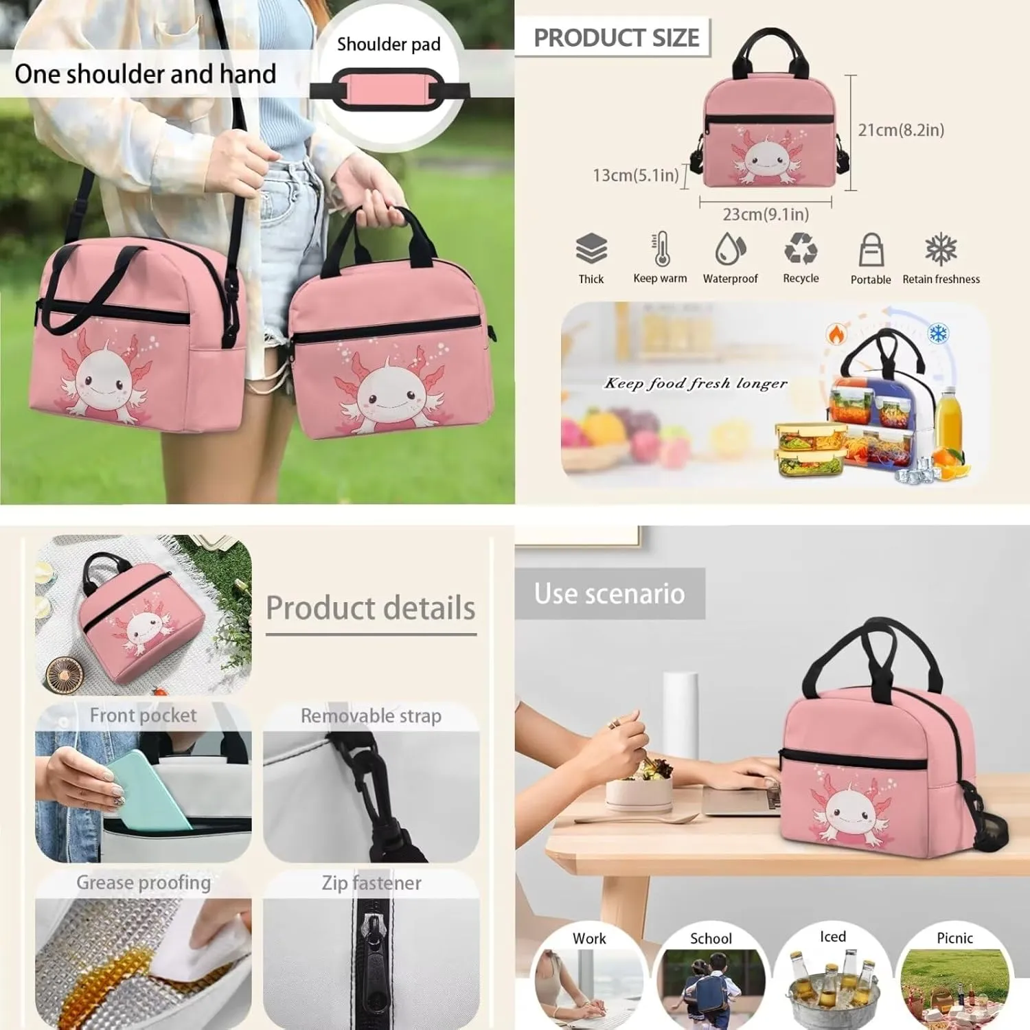 Cute Axolotl Backpack and Lunch Bag Set for Girls School Bags Boys Book Bags for Kids 8-12 Year Old,Children Schoolbag Lunch Bag Cooler Pack Pencil Case Set 3 in 1 Casual Daypack Pink