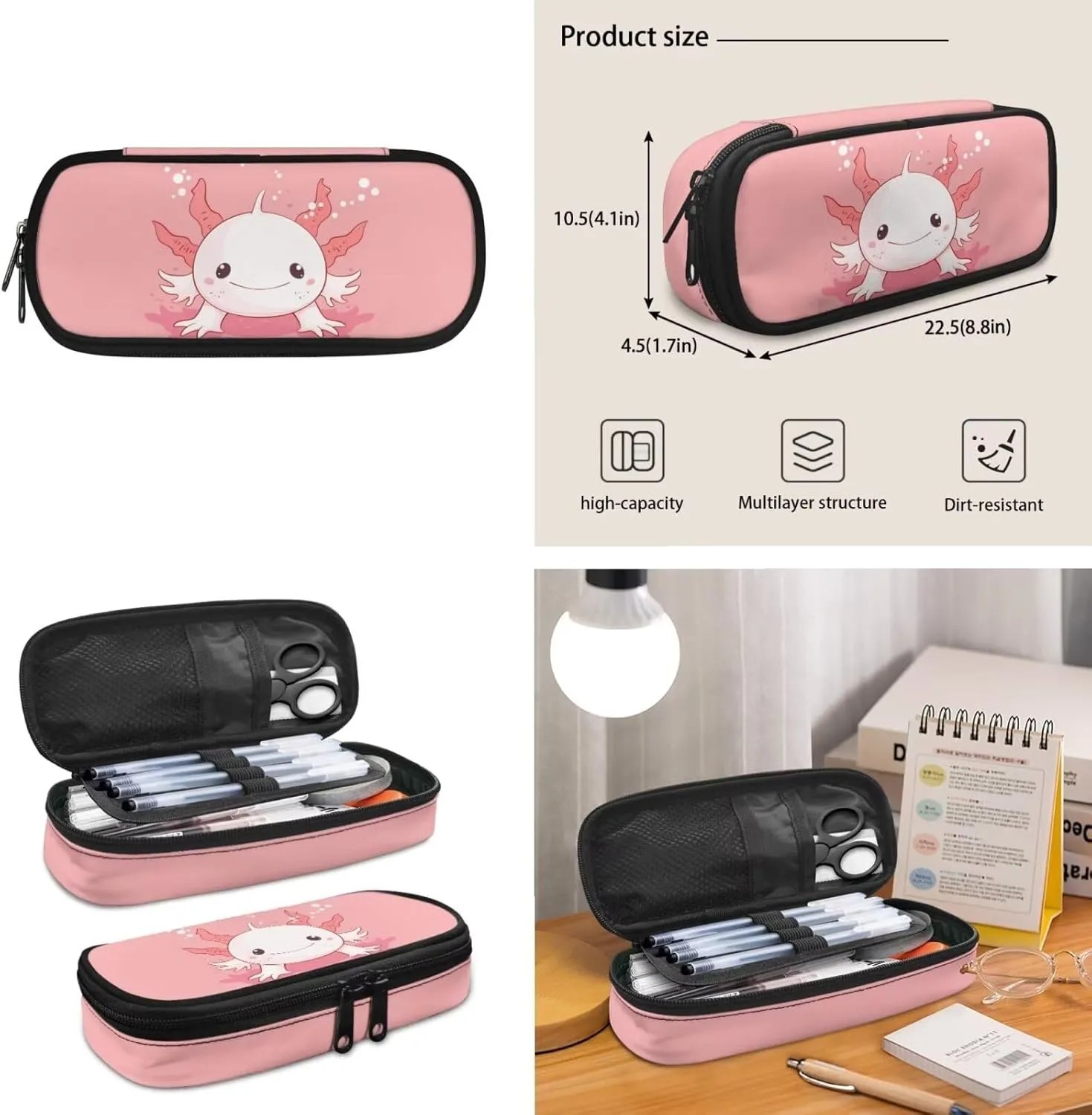 Cute Axolotl Backpack and Lunch Bag Set for Girls School Bags Boys Book Bags for Kids 8-12 Year Old,Children Schoolbag Lunch Bag Cooler Pack Pencil Case Set 3 in 1 Casual Daypack Pink