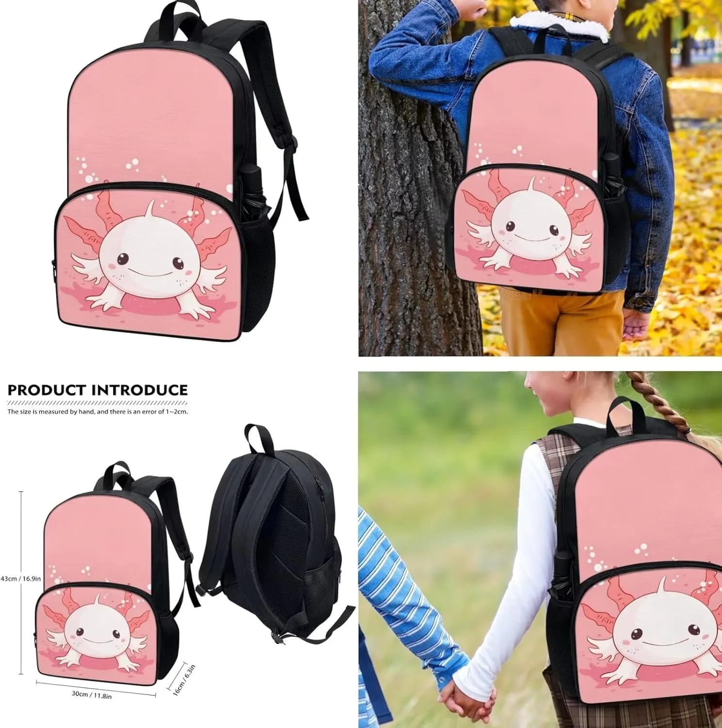 Cute Axolotl Backpack and Lunch Bag Set for Girls School Bags Boys Book Bags for Kids 8-12 Year Old,Children Schoolbag Lunch Bag Cooler Pack Pencil Case Set 3 in 1 Casual Daypack Pink