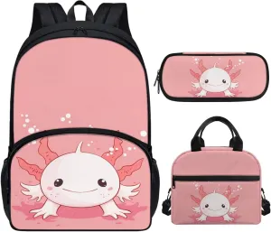 Cute Axolotl Backpack and Lunch Bag Set for Girls School Bags Boys Book Bags for Kids 8-12 Year Old,Children Schoolbag Lunch Bag Cooler Pack Pencil Case Set 3 in 1 Casual Daypack Pink