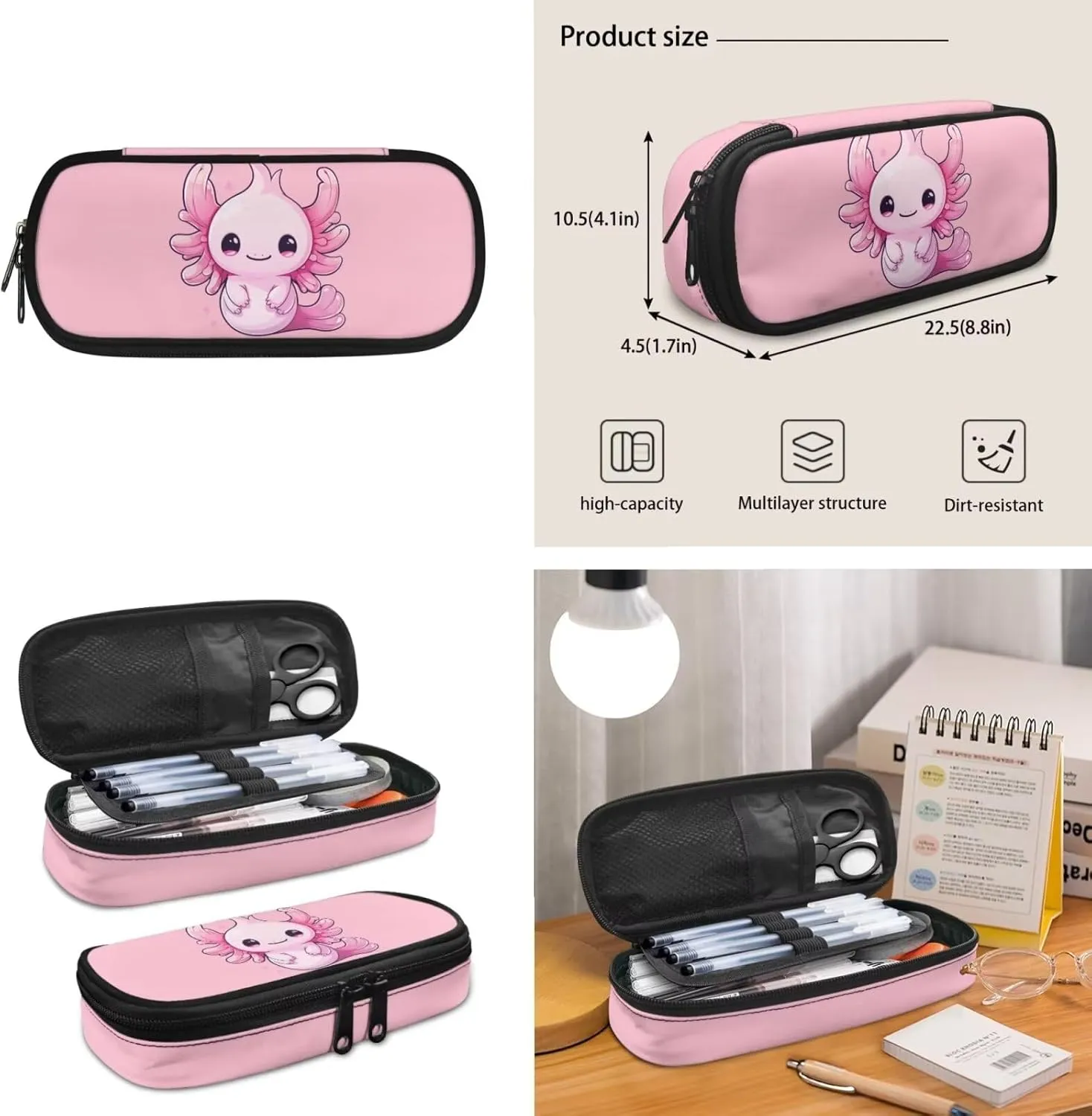 Cute Axolotl School Bags Set for Girls 6-8/8-10 Kids Bookbag With Lunch Box Pencil Case Elementary Primary Kindergarten School Backpack 17inch Children Book Bag 3Rd Grade/6Th Grade Pink