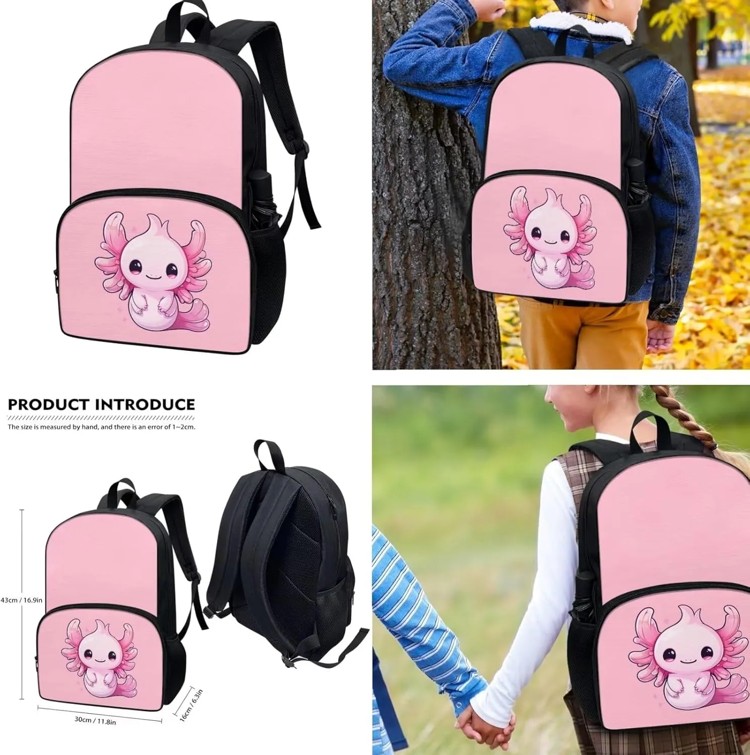 Cute Axolotl School Bags Set for Girls 6-8/8-10 Kids Bookbag With Lunch Box Pencil Case Elementary Primary Kindergarten School Backpack 17inch Children Book Bag 3Rd Grade/6Th Grade Pink