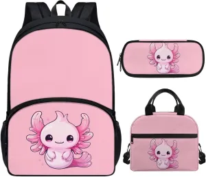 Cute Axolotl School Bags Set for Girls 6-8/8-10 Kids Bookbag With Lunch Box Pencil Case Elementary Primary Kindergarten School Backpack 17inch Children Book Bag 3Rd Grade/6Th Grade Pink