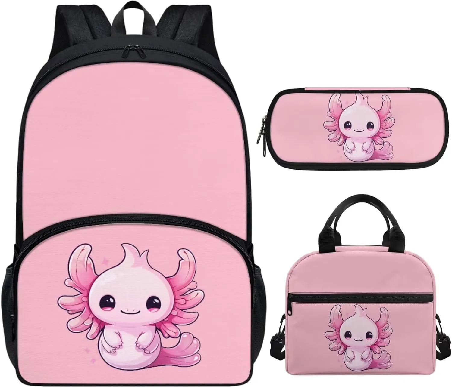 Cute Axolotl School Bags Set for Girls 6-8/8-10 Kids Bookbag With Lunch Box Pencil Case Elementary Primary Kindergarten School Backpack 17inch Children Book Bag 3Rd Grade/6Th Grade Pink