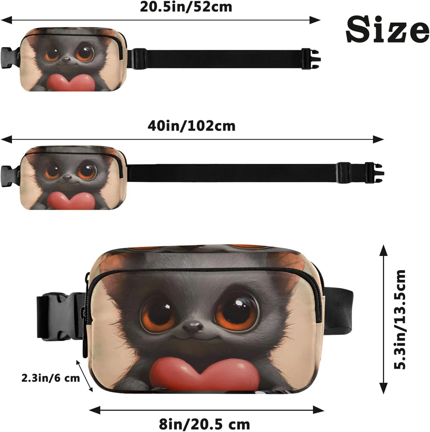 Cute Bat Big Eyes Black Waterproof Fanny Pack for Women Belt Bags Hip Pack Pattern Waist Bag for Women