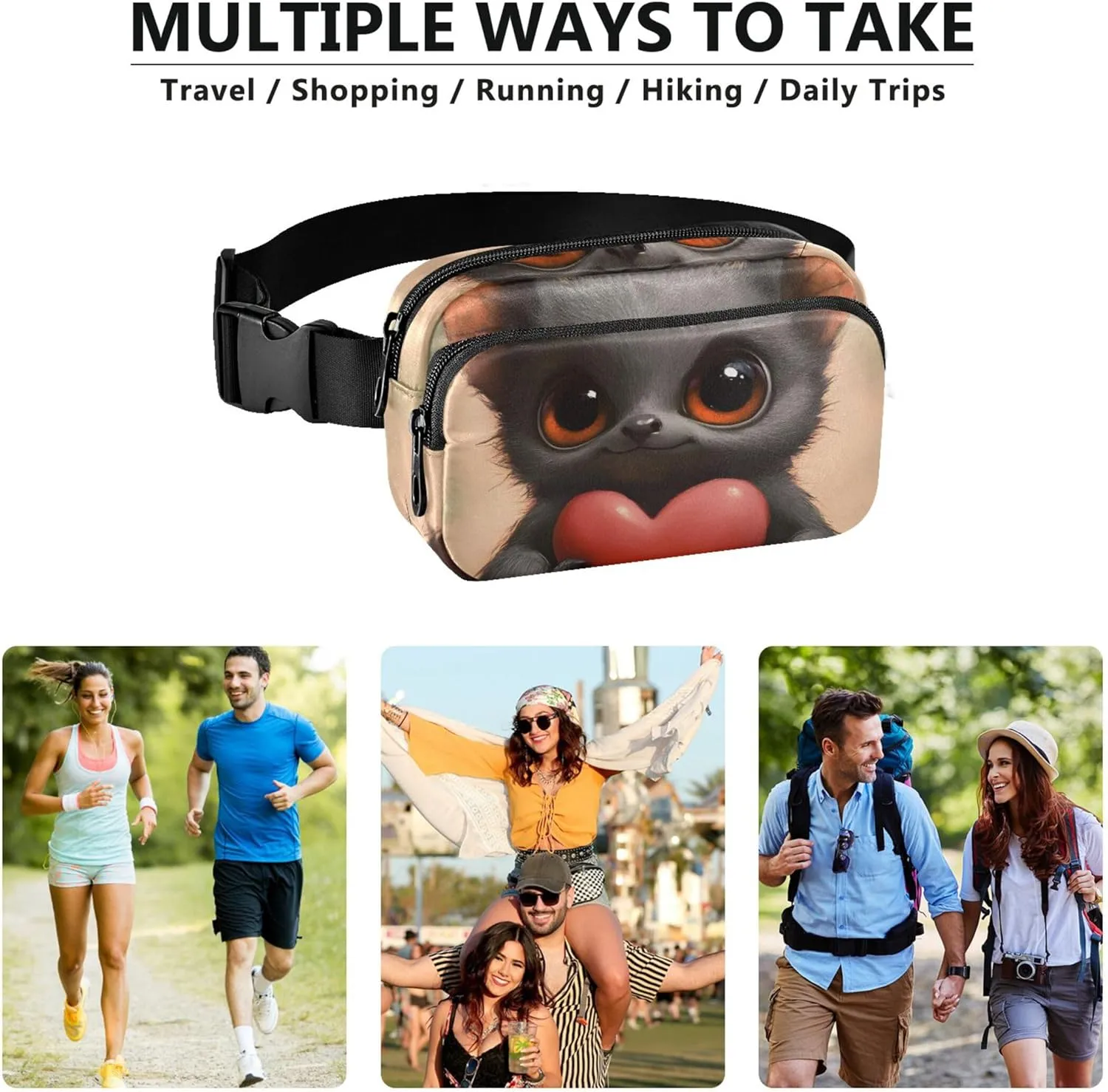 Cute Bat Big Eyes Black Waterproof Fanny Pack for Women Belt Bags Hip Pack Pattern Waist Bag for Women