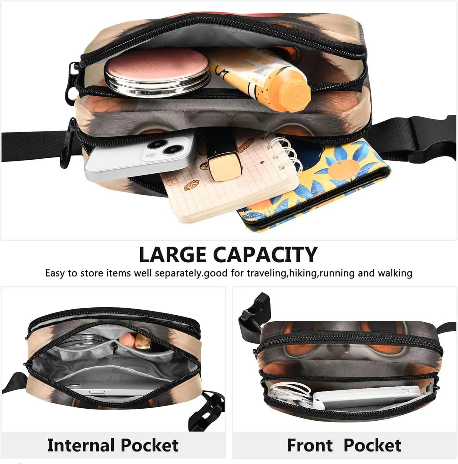Cute Bat Big Eyes Black Waterproof Fanny Pack for Women Belt Bags Hip Pack Pattern Waist Bag for Women