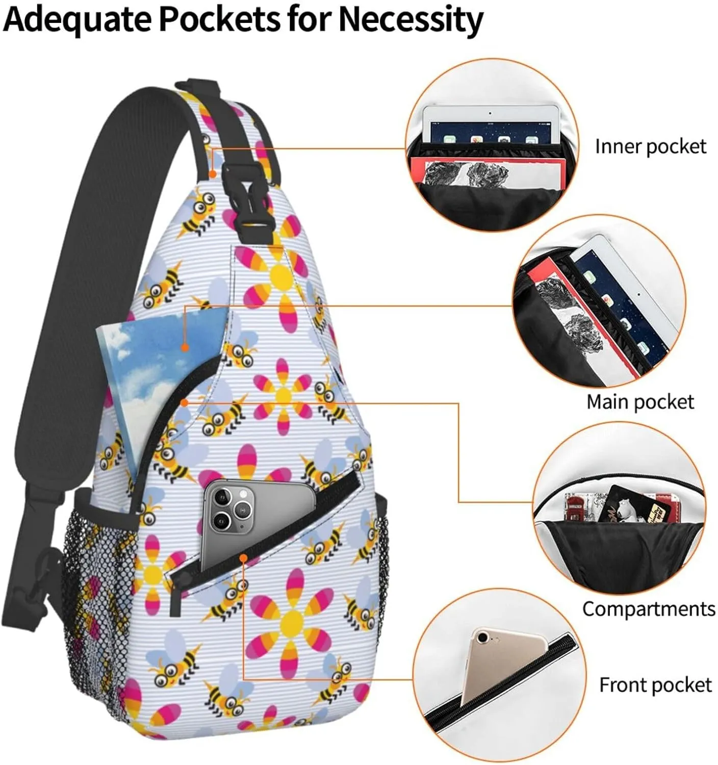 Cute bee flower Chest Bags Crossbody Sling Bag Shoulder Bag Travel Hiking Daypack For Men Women