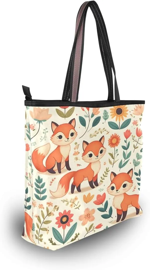 Cute Fox and Floral Elements Shoulder Bags Large Handle Ladies Handbag