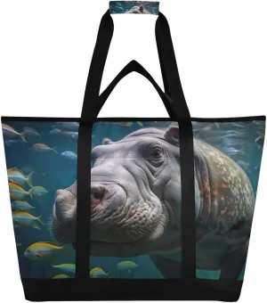 Cute Hippo Reusable Insulated Lunchbox Cooler Bag, Leakproof Kitchen Grocery Bag Collapsible Portable Cooler Tote Bag for Picnic, Camping, Office, Travel