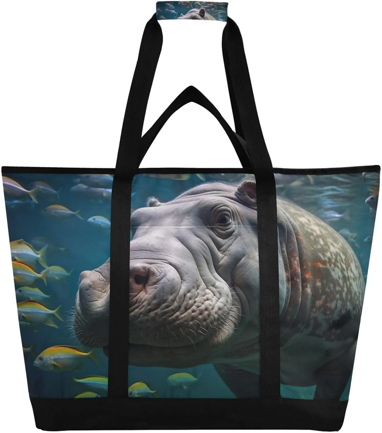 Cute Hippo Reusable Insulated Lunchbox Cooler Bag, Leakproof Kitchen Grocery Bag Collapsible Portable Cooler Tote Bag for Picnic, Camping, Office, Travel