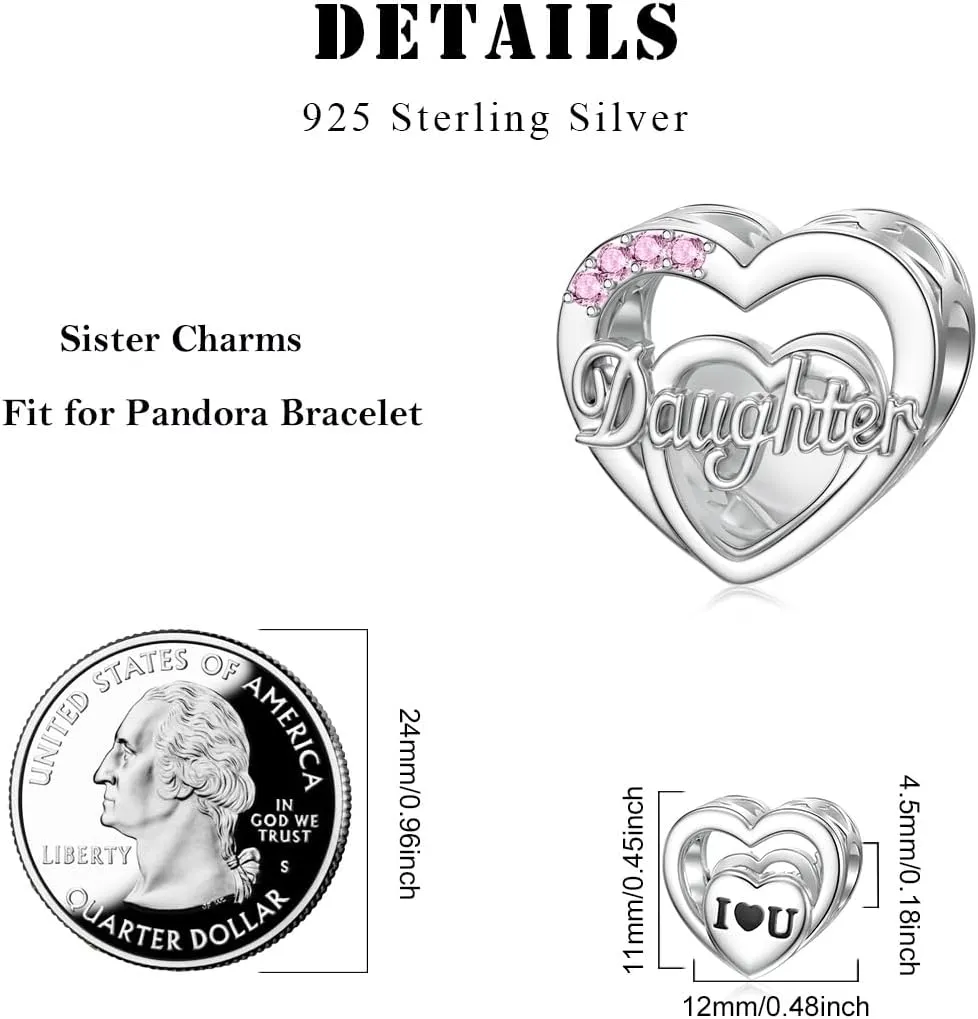 DALARAN 925 Sterling Silver Charms Mother Daughter Sister Dangle Bead for Charm Bracelet Necklace