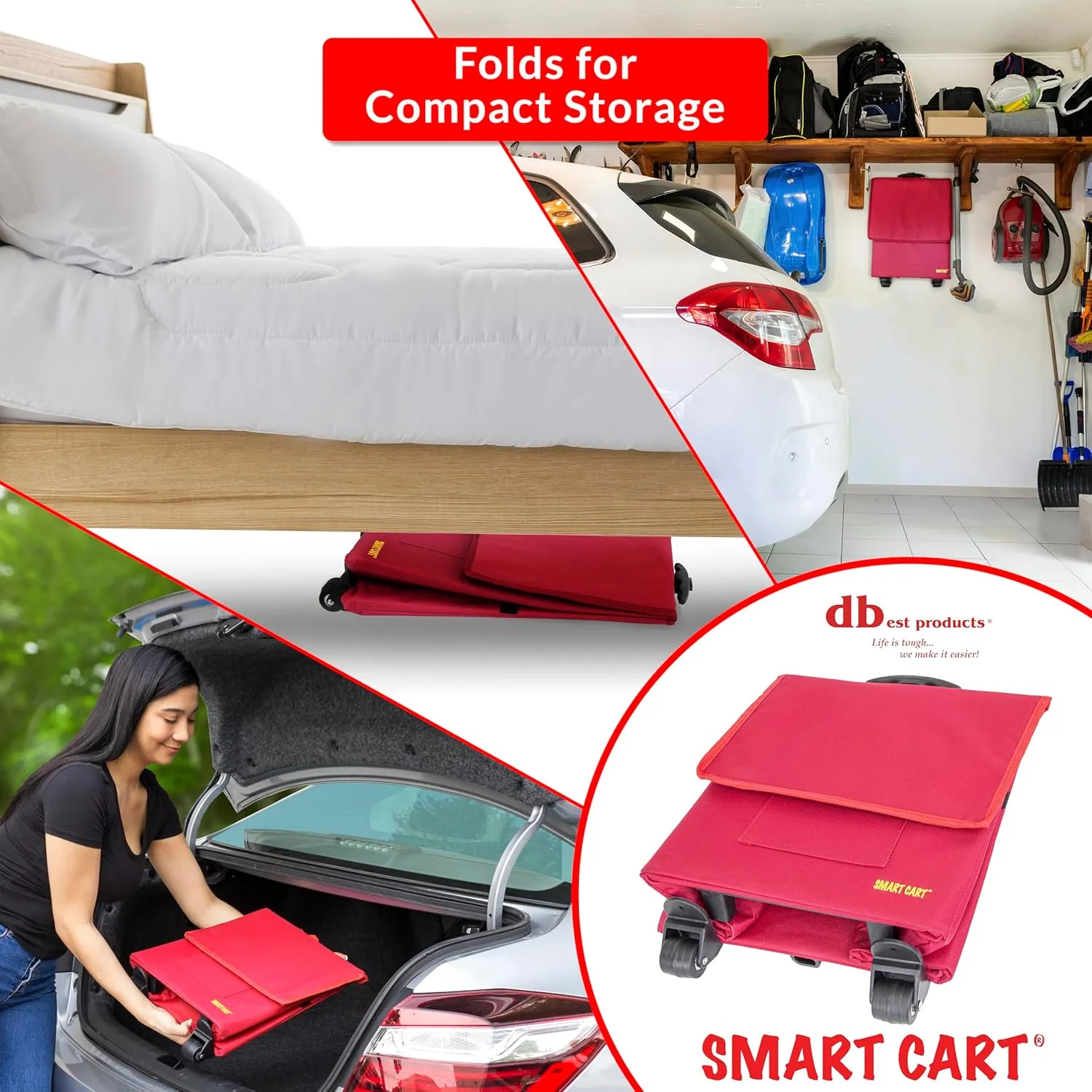 dbest products Smart Cart, RED Collapsible Rolling Utility Cart Basket Grocery Shopping Teacher Hobby Craft Art