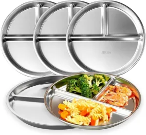 Divided Plates for Adults (5 Packs), 304 Stainless Steel Portion Control Plate Sectioned with Dividers, 9 Inch Metal Food Separator Dinner Plates Lightweight Compartment BPA Free Reusable