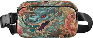 Dragon and Flower Fanny Pack Waist Pack Water Resistant Extendable Buckle Strap Crossbody Purse Travel Pouch for Running Hiking Training 8×5.3×1.6 inches