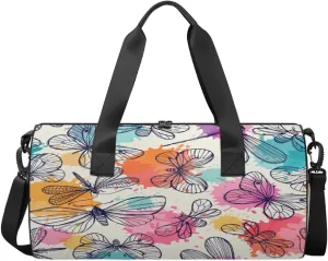 Dragonfly Butterfly Travel Duffel Bag Sketch Butterfly Colored Sports Gym Bag Men Women Sports Travel Luggage Bag 17.6”×9”×9 “ Duffel Bag Weekend Overnight Gym Bag Nvenient For Carrying