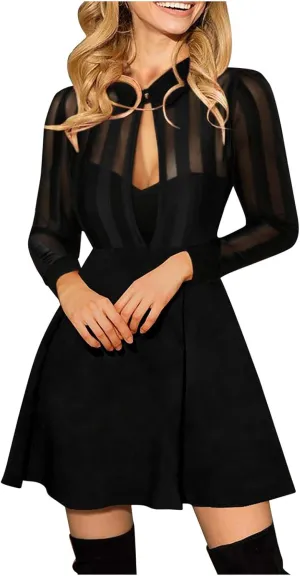 Dresses for Women Glitter Mesh Party Prom Gown Dress New Year Formal Dress Vintage V Neck Long Sleeve Mini Dress