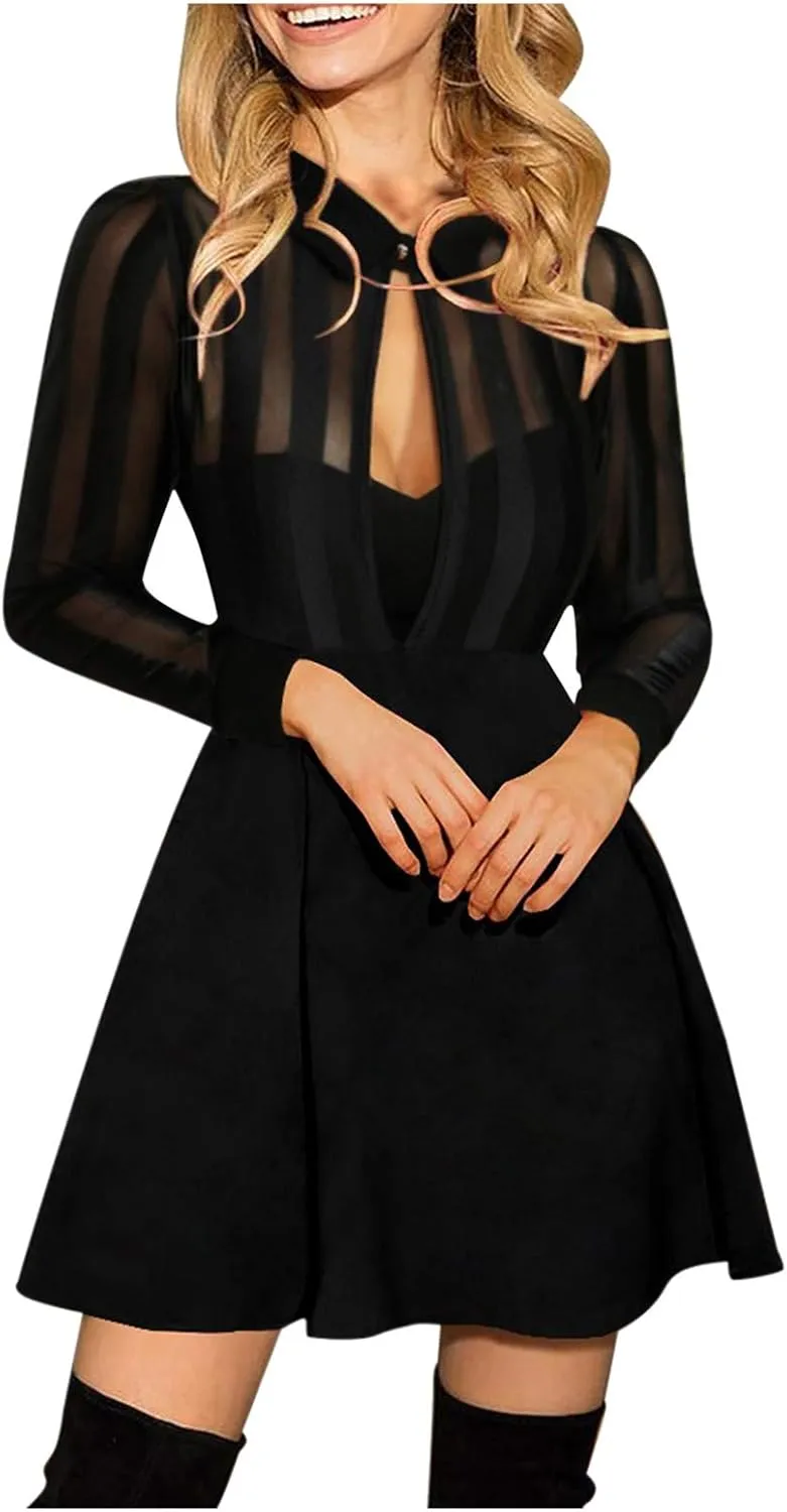 Dresses for Women Glitter Mesh Party Prom Gown Dress New Year Formal Dress Vintage V Neck Long Sleeve Mini Dress