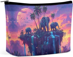 Elephant Kingdom Coconut Tree Island Makeup Bag Cosmetic Pouch Toiletry Bags Travel Organizer