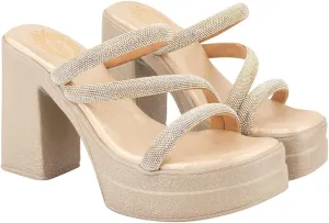 Embellished Block Heels | Cushioned Footbed |Casual, Ethnic, Party, Wedding, Festive | Comfortable, Golden, 6 UK