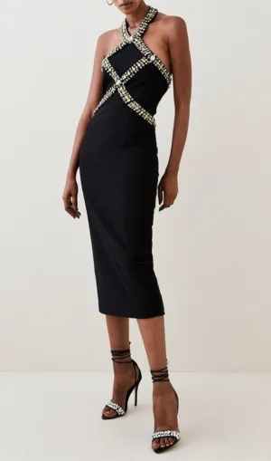 EmbelliShed Halter Midi Dress In Black