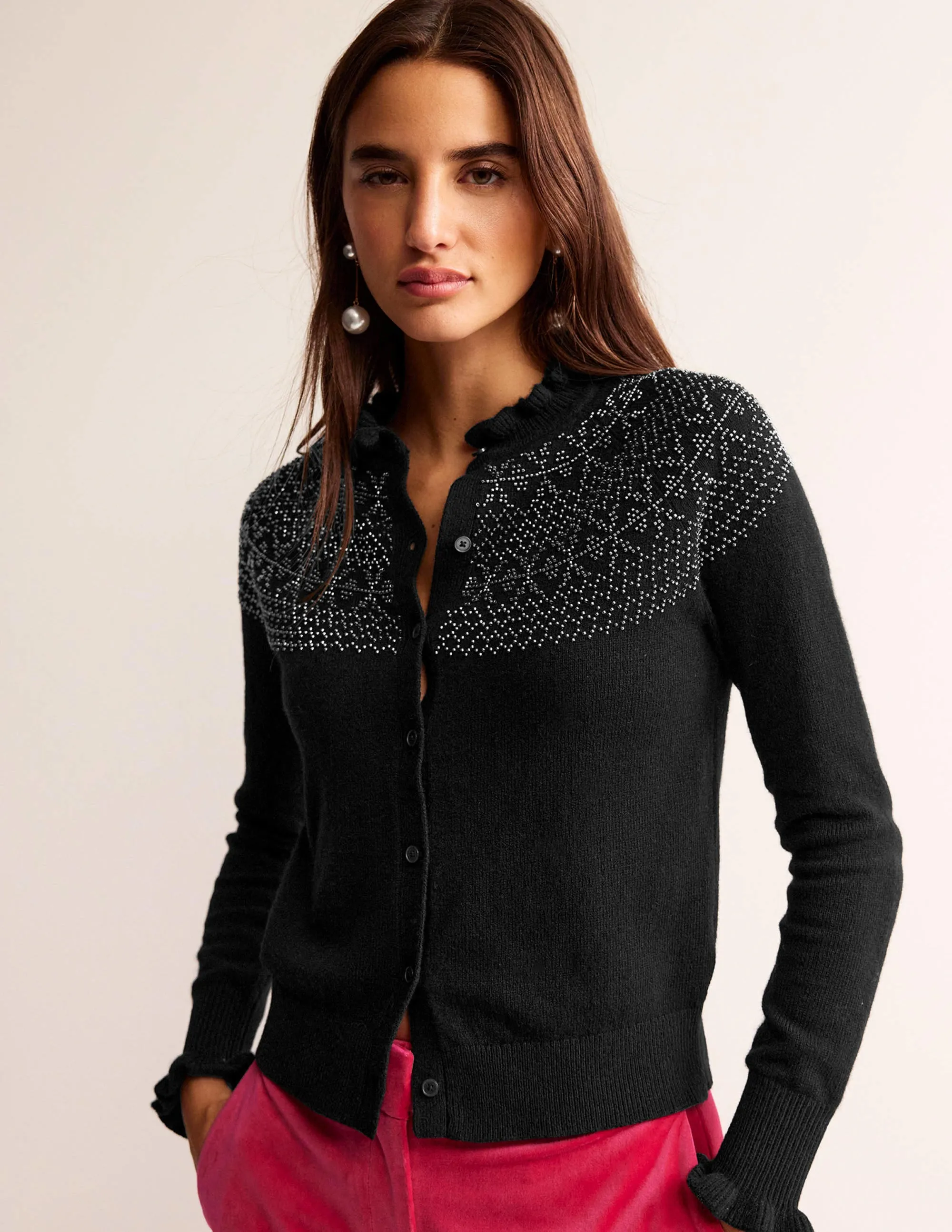 Embellished Yoke Cardigan-Black