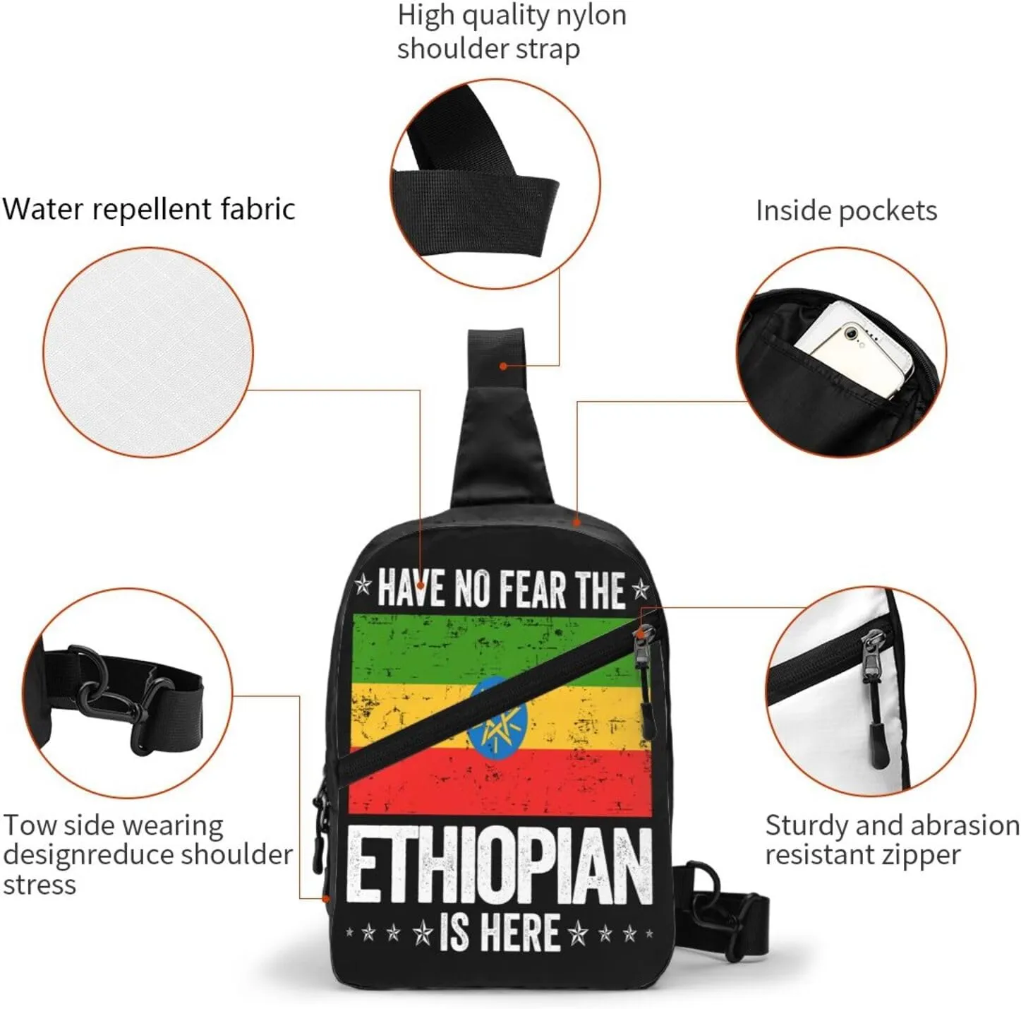 Ethiopia Flag The Ethiopian Is Here Portable Crossbody Bag Foldable Sling Bags Sports Gym Chest Daypack Reusable Shoulder Backpack Casual Diagonally Rucksack Fanny Packs