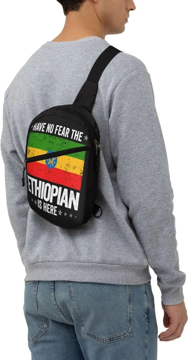 Ethiopia Flag The Ethiopian Is Here Portable Crossbody Bag Foldable Sling Bags Sports Gym Chest Daypack Reusable Shoulder Backpack Casual Diagonally Rucksack Fanny Packs