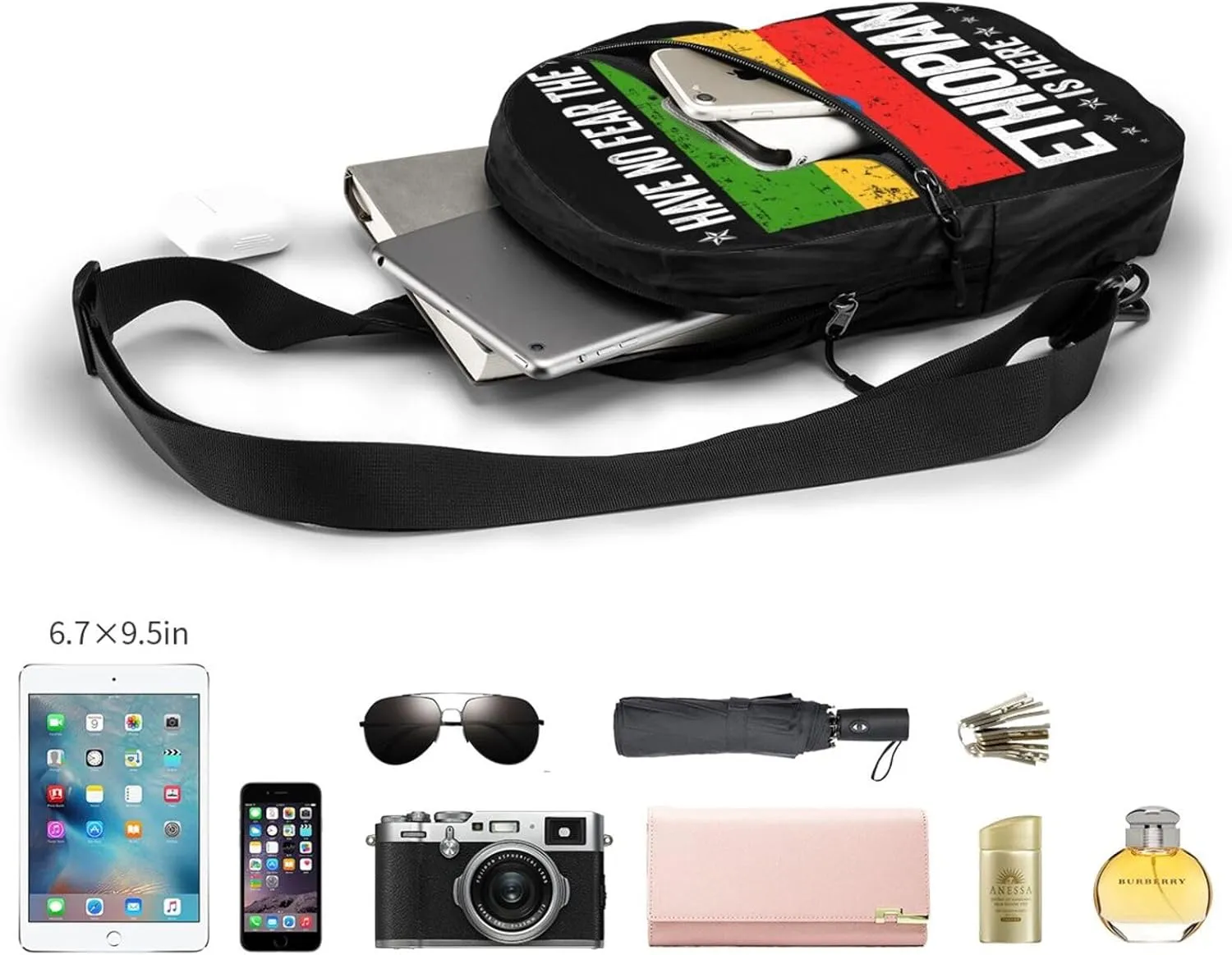 Ethiopia Flag The Ethiopian Is Here Portable Crossbody Bag Foldable Sling Bags Sports Gym Chest Daypack Reusable Shoulder Backpack Casual Diagonally Rucksack Fanny Packs