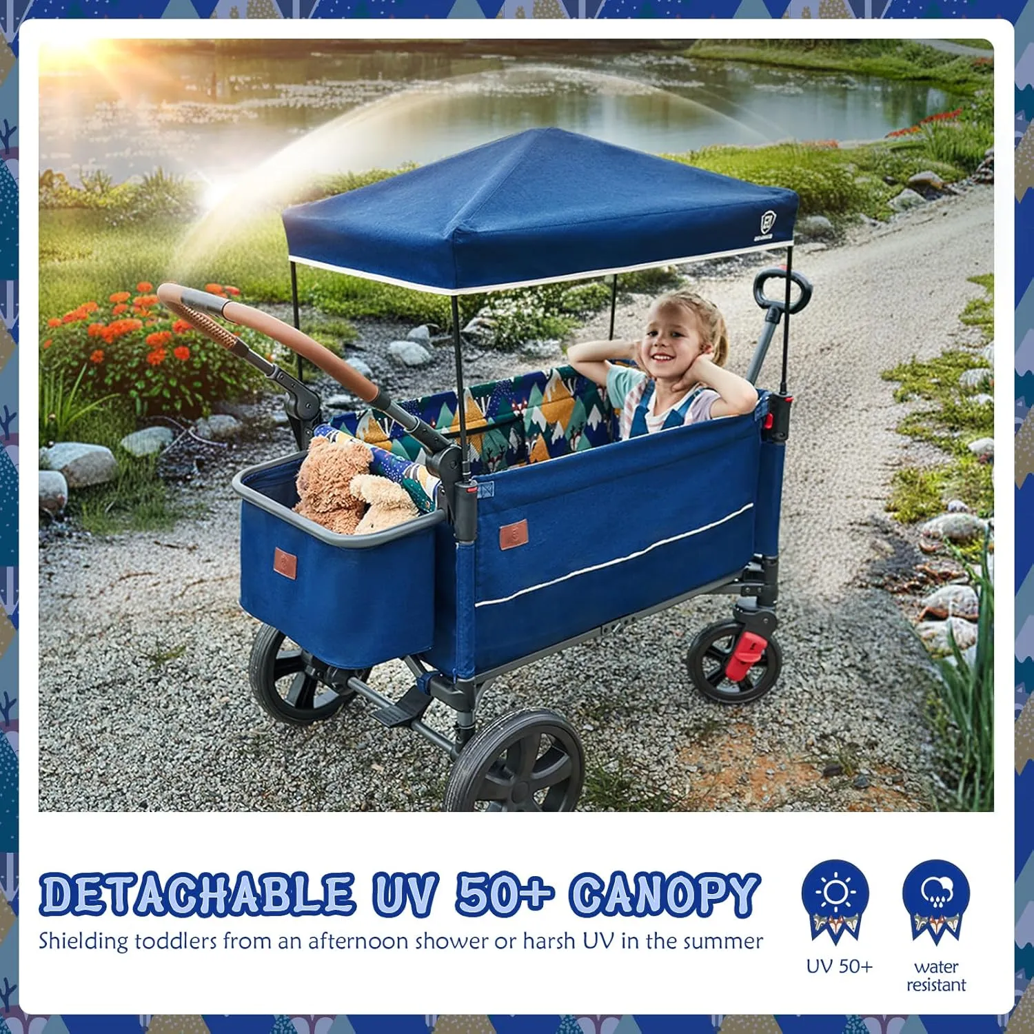 EVER ADVANCED Side-Unzip Wagon Stroller for 2 Kids, Push Pull Stroller with Adjustable Handle, Easy Access Zipper Door, 5-Point Harness, UV-Protection Canopy Shock-Absorbing Wheels, Fox Printing