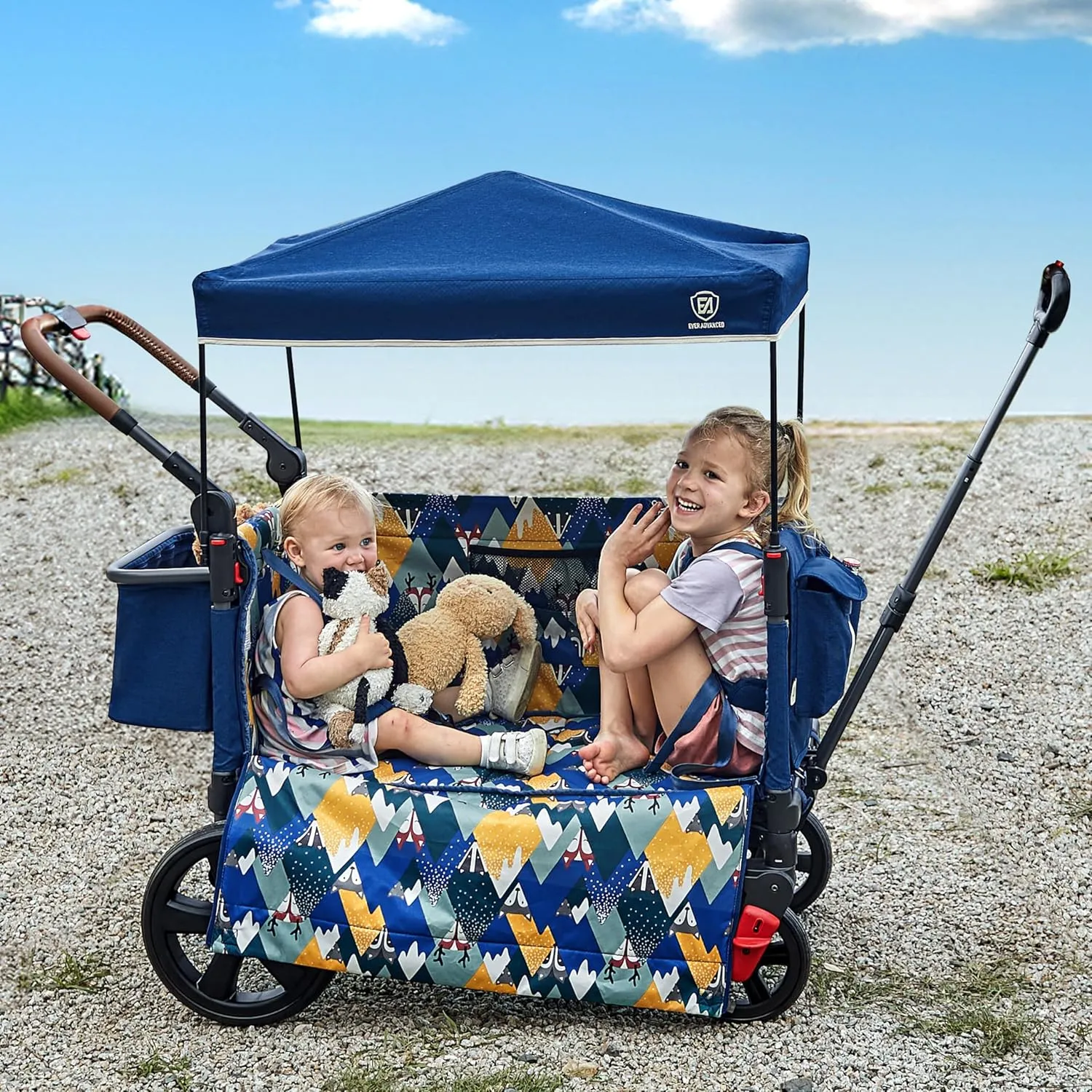 EVER ADVANCED Side-Unzip Wagon Stroller for 2 Kids, Push Pull Stroller with Adjustable Handle, Easy Access Zipper Door, 5-Point Harness, UV-Protection Canopy Shock-Absorbing Wheels, Fox Printing