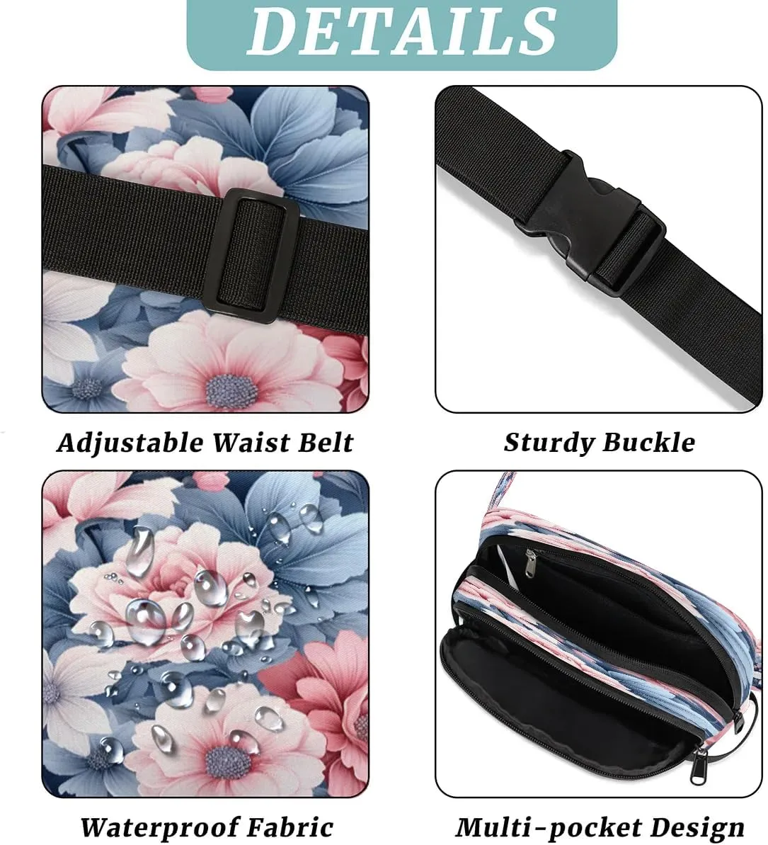 Exquisite Printing Vivid Flower Fanny Packs for Women Men Waterproof Waist Bag with Adjustable Strap Belt Bag for Travel Running Hiking
