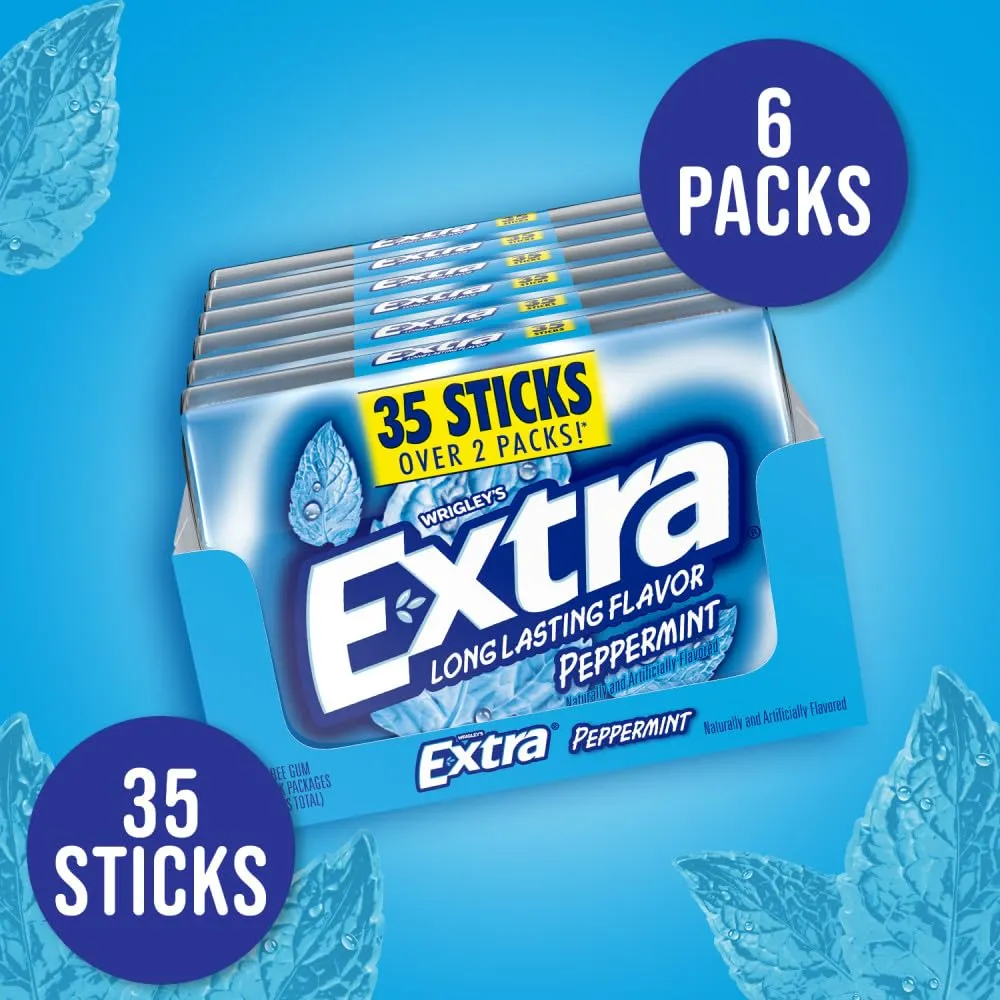EXTRA Gum Peppermint, Bulk Chewing Gum Sugar-Free, Mega Pack of 6 with 35 Sticks Each