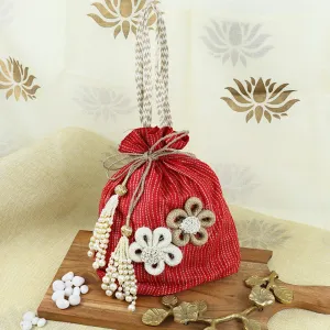 Fabric Potli Beaded Handle - Red