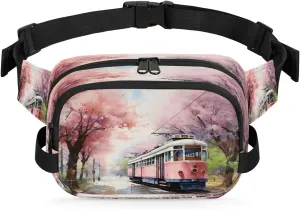 Fanny Pack Crossbody for Women Men Cherry Flower Train Fanny Pack Cross Body Bag for Shopping Traveling Running Hiking Cycling