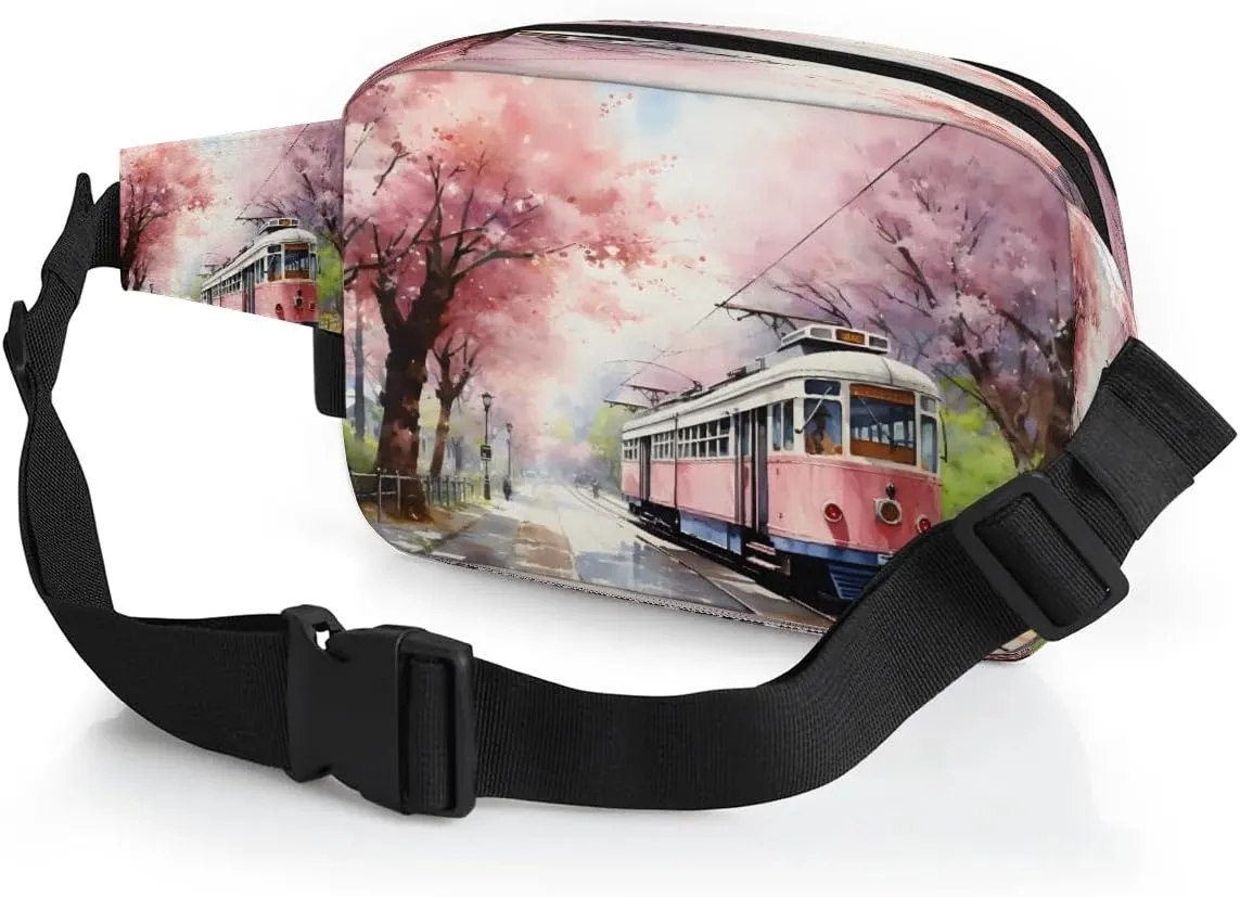 Fanny Pack Crossbody for Women Men Cherry Flower Train Fanny Pack Cross Body Bag for Shopping Traveling Running Hiking Cycling