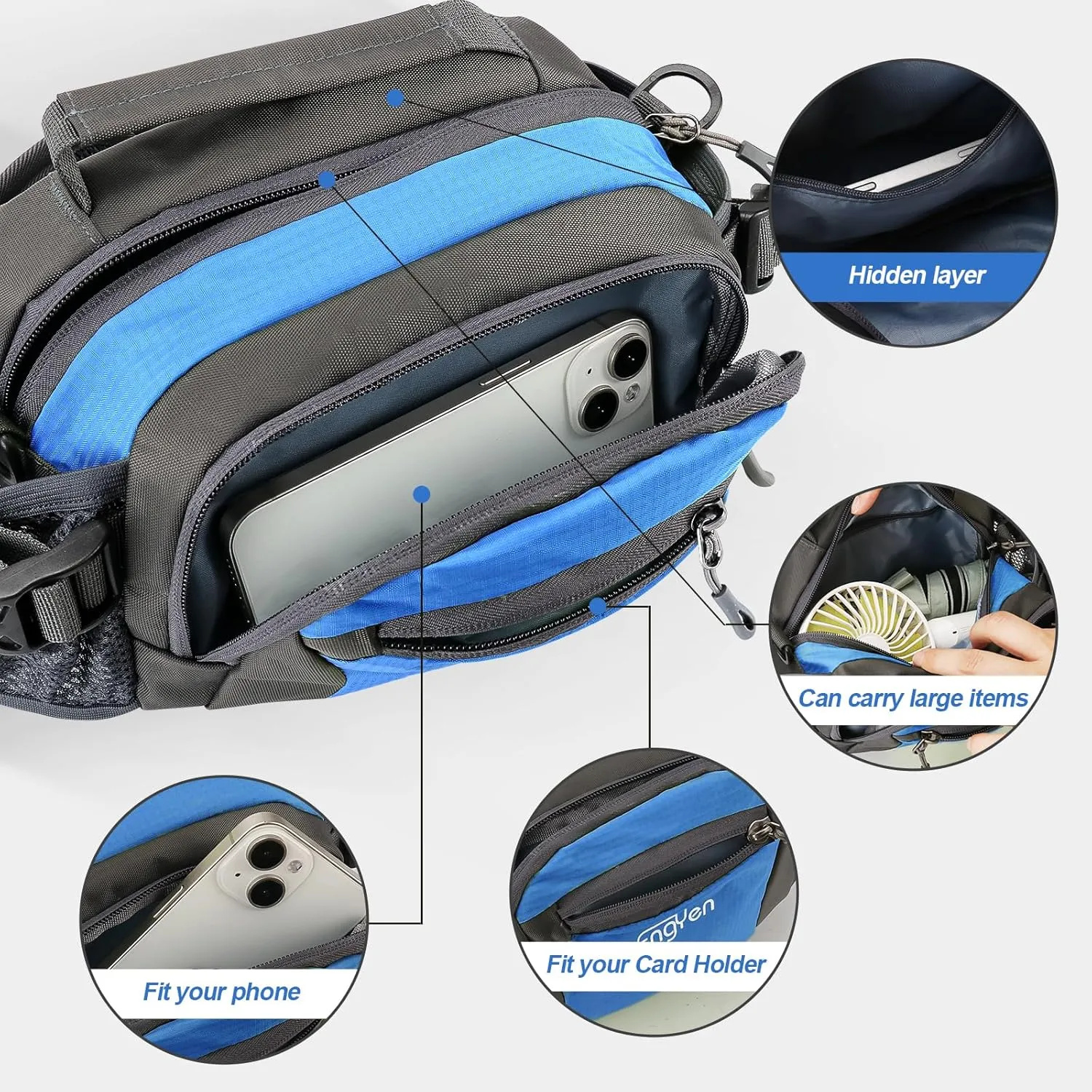 Fanny Pack Waist Bag for Women Men, running packs gear with Phone Water Bottle holder Adjustable belt, for Travel Workout Hiking, carrying iPhone money, multi colors… (blue)