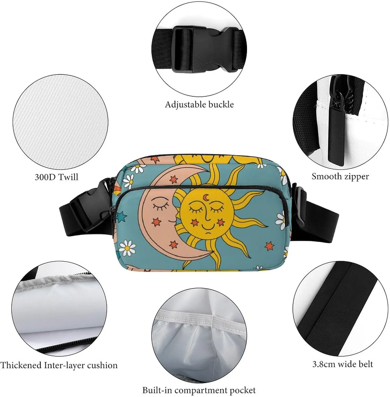 Fanny Packs Waist Pack for Women, Waterproof Stylish Waist Pack Adjustable Crossbody Bags, Retro Tarot Card Rainbow Moon Sun Small Belt Bag for Workout Running Traveling Hiking