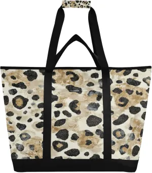 Fashion Leopard Print Reusable Insulated Lunchbox Cooler Bag, Leakproof Kitchen Grocery Bag Collapsible Portable Cooler Tote Bag for Picnic, Camping, Office, Travel