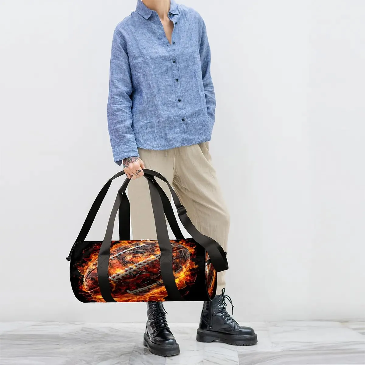Fire Football Travel Duffle Bag Gym Bag for Women Men Lightweight Carry on Duffel Bag for Sports Gyms Weekend Getaway