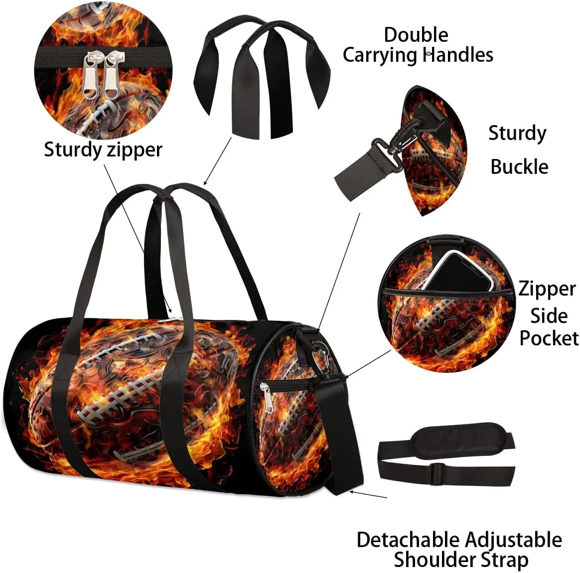 Fire Football Travel Duffle Bag Gym Bag for Women Men Lightweight Carry on Duffel Bag for Sports Gyms Weekend Getaway