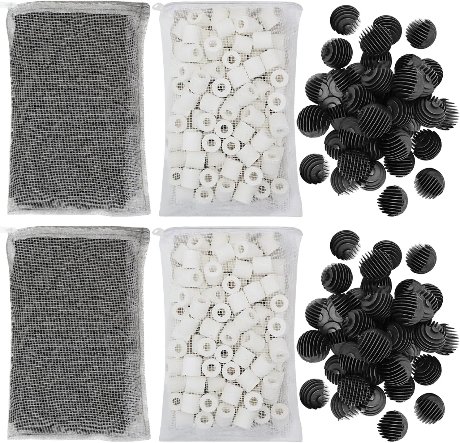 Flexzion Fish Tank Filter Media - Bio Balls for Aquarium Filter, Ceramic Rings & Activated Carbon Pellets in Mesh Bags - Biological, Chemical, & Mechanical Filtration Fresh & Saltwater Aquarium, 2 Set