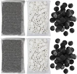Flexzion Fish Tank Filter Media - Bio Balls for Aquarium Filter, Ceramic Rings & Activated Carbon Pellets in Mesh Bags - Biological, Chemical, & Mechanical Filtration Fresh & Saltwater Aquarium, 2 Set